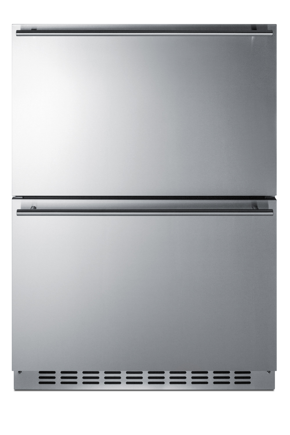 Commercially approved two-drawer refrigerator-freezer for built-in or freestanding use, with digital thermostat, frost-free operation, panel-ready drawer fronts, and complete stainless steel construction